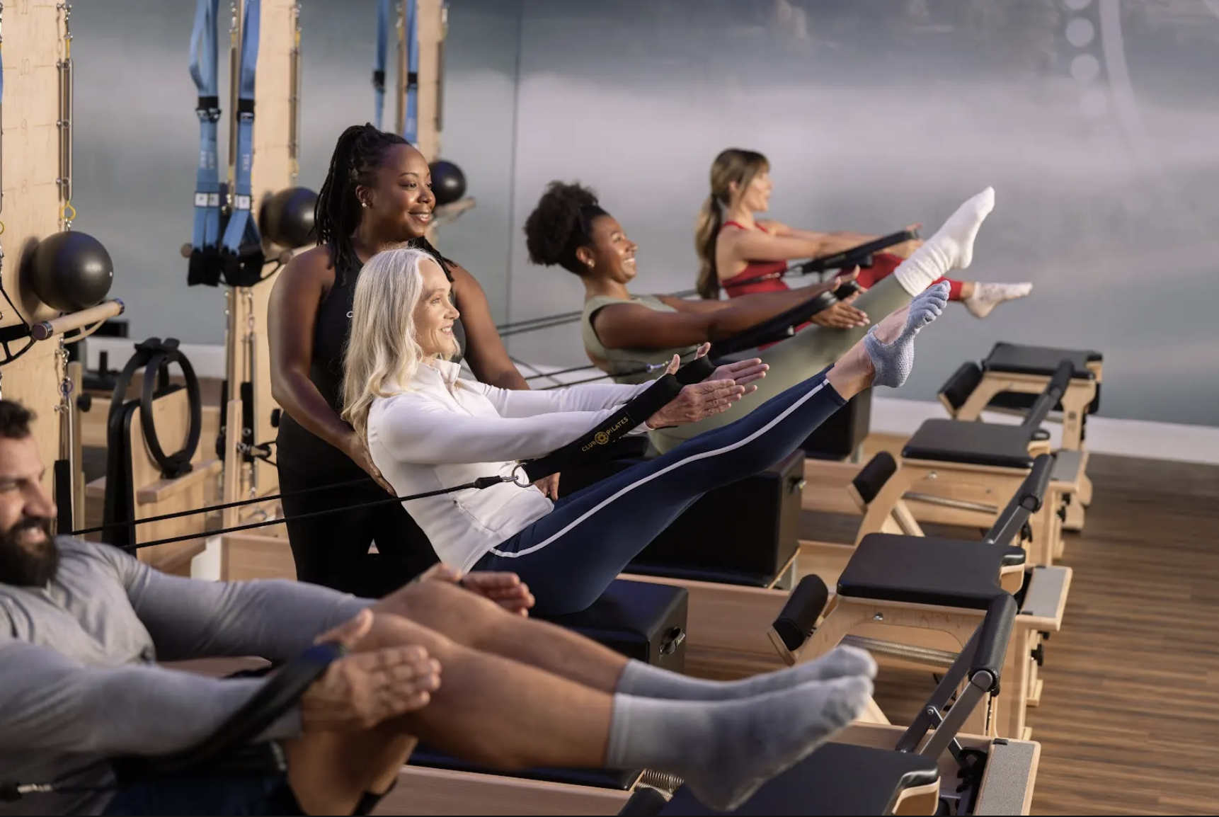 Club Pilates reformer class in session