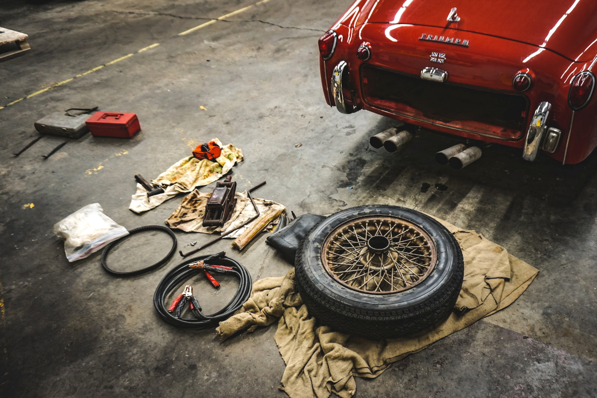 Car being fixed in an auto repair shop